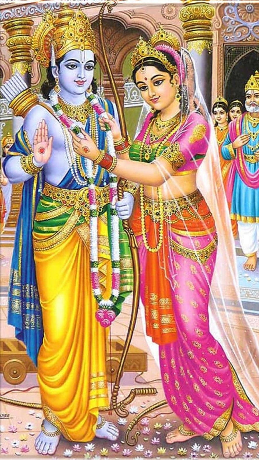 Lord Rama and Sita Devi in Traditional Indian Art with Bow and Garlands HD phone wallpaper
