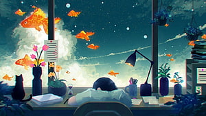 Dreamy Lofi Study Room With Goldfish Swimming Through Night Sky HD wallpaper