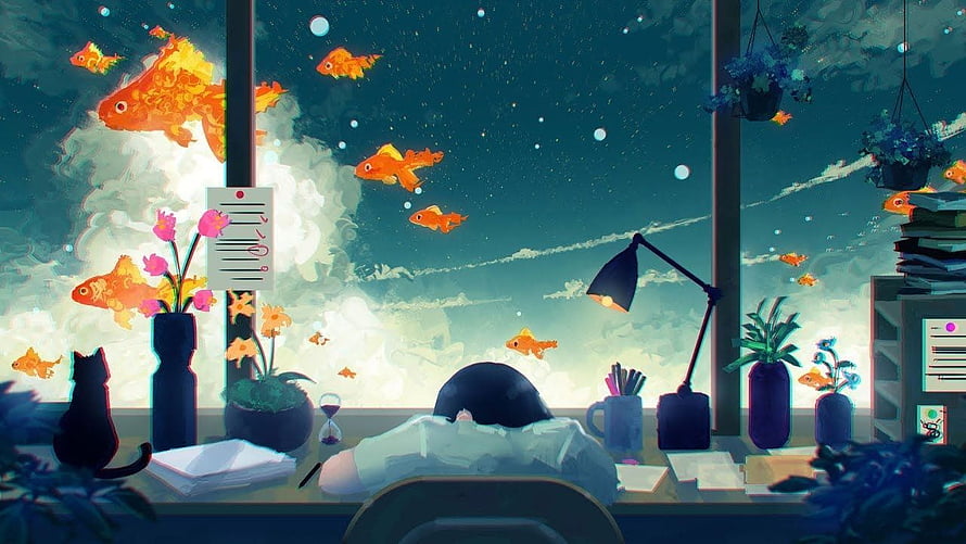 Dreamy Lofi Study Room With Goldfish Swimming Through Night Sky HD wallpaper