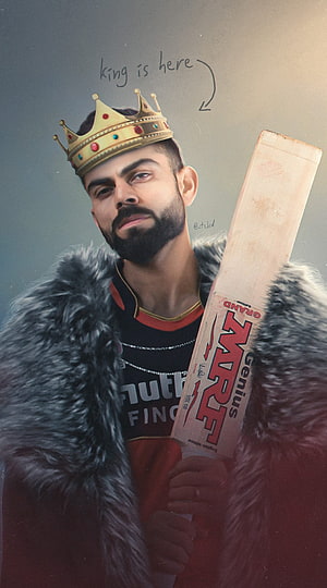 Virat Kohli wearing a golden crown and fur coat holding a cricket bat HD phone wallpaper