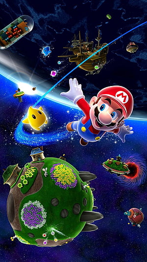 Super Mario Galaxy Key Art Featuring Mario and Luma in Cosmic Space HD phone wallpaper
