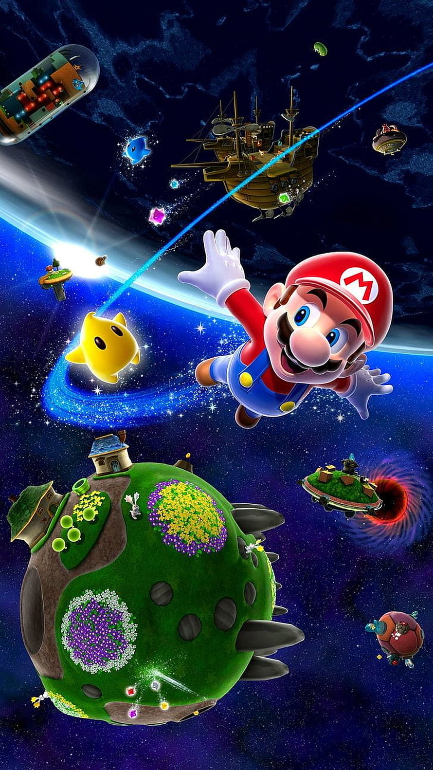 Super Mario Galaxy Key Art Featuring Mario and Luma in Cosmic Space HD phone wallpaper