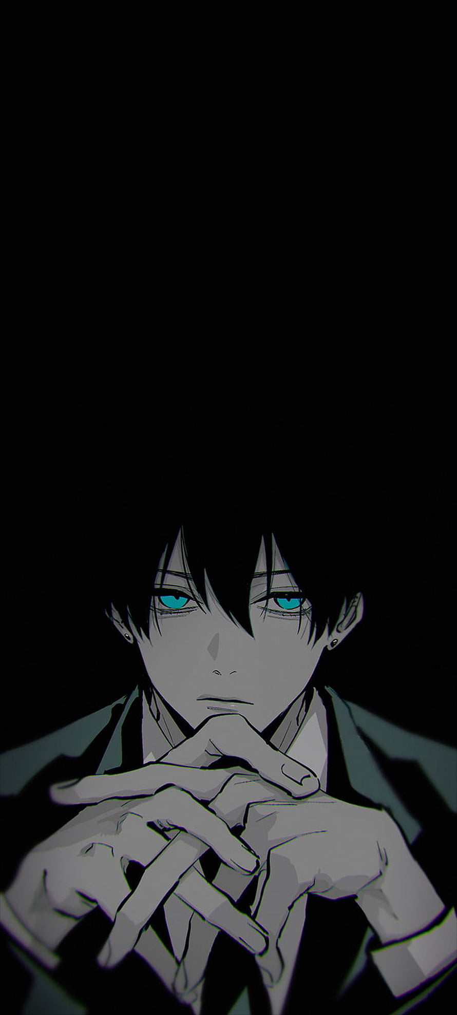 Anime Male Character With Glowing Blue Eyes And Interlocked Fingers In Dark Shadows HD phone wallpaper