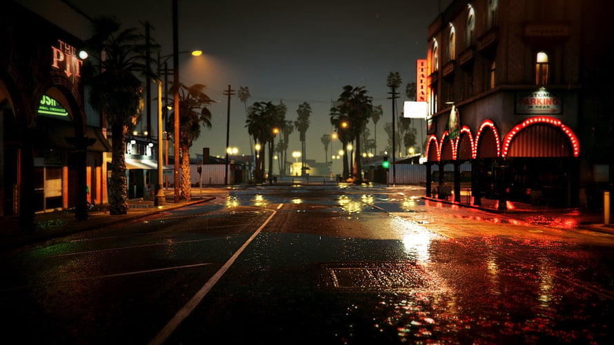 Rainy Night Street Scene with Neon Lights and Palm Trees HD wallpaper
