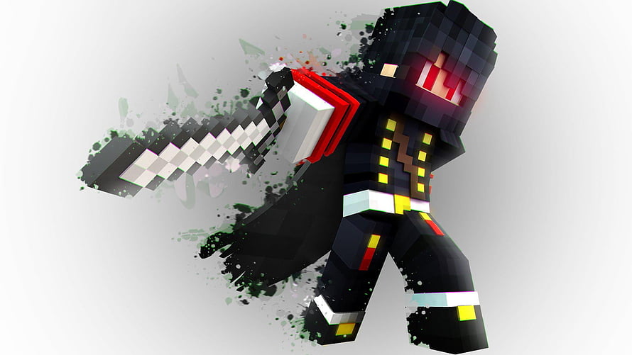 Minecraft Ninja Character with Glowing Red Eyes and Pixelated Sword HD wallpaper