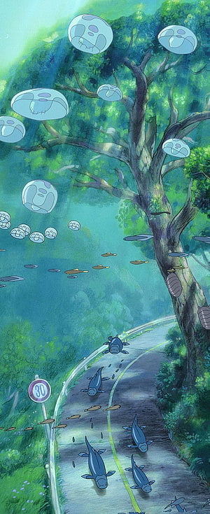 Ponyo on the Cliff by the Sea Fantasy Forest Road with Floating Creatures HD phone wallpaper