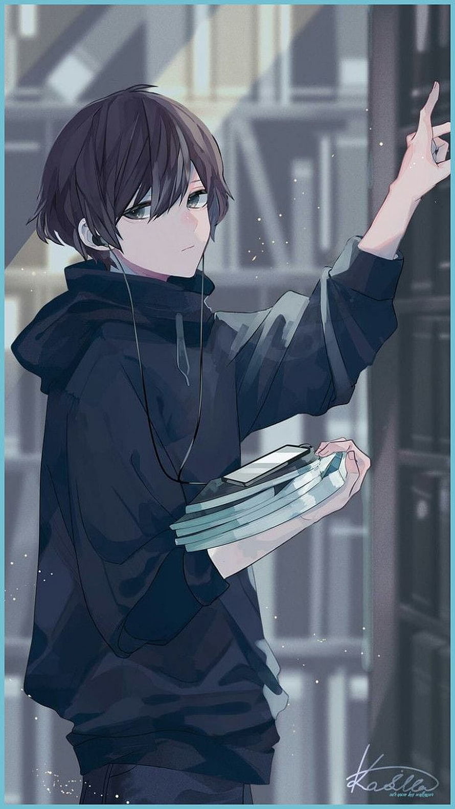 Anime Boy In Black Hoodie Holding Books And Smartphone In Library HD phone wallpaper