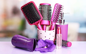 Pink Hair Styling Tools and Purple Orchid Beauty Still Life HD wallpaper