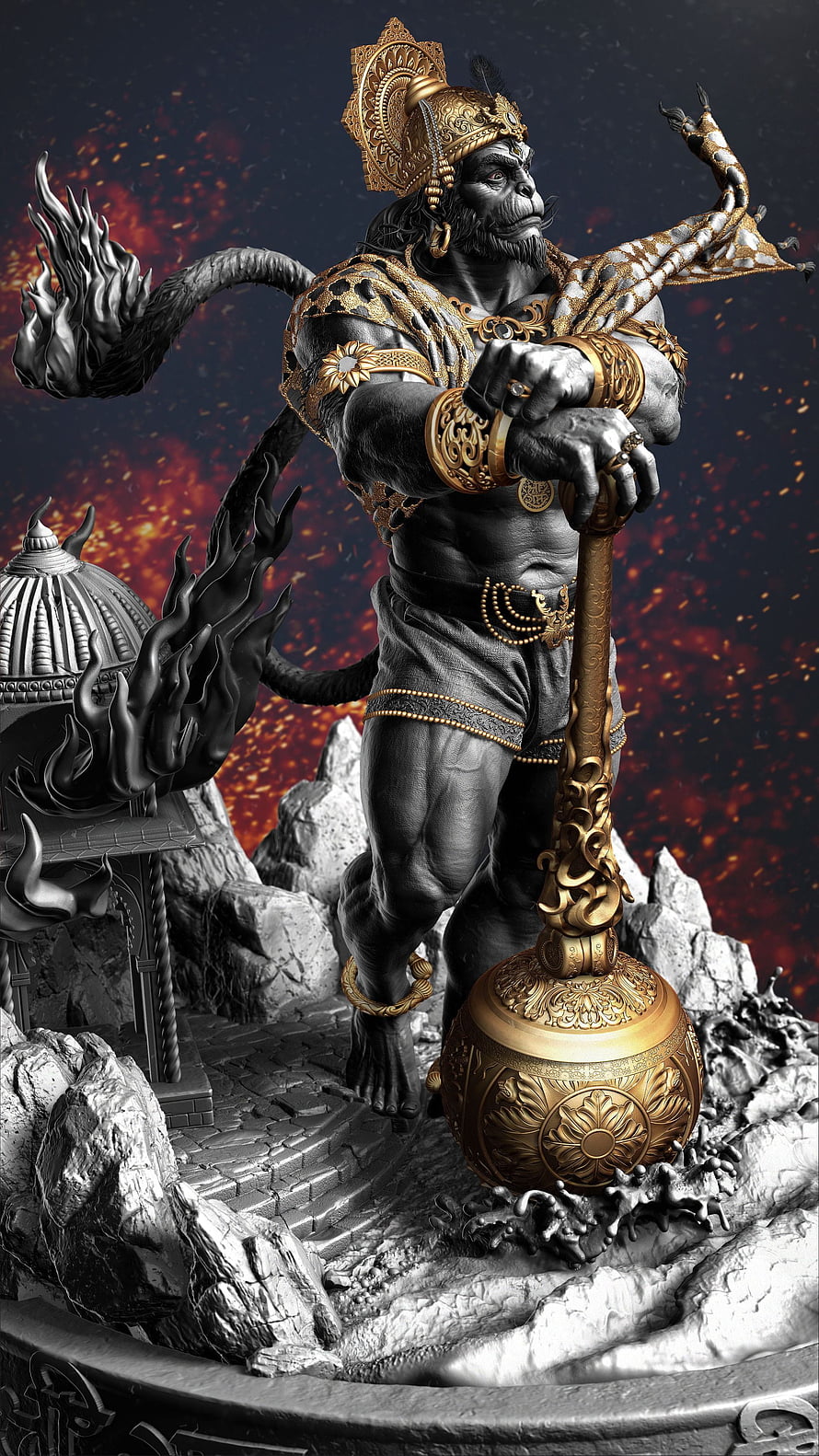 Sun Wukong Monkey King Statue with Golden Staff and Fiery Tail HD phone wallpaper