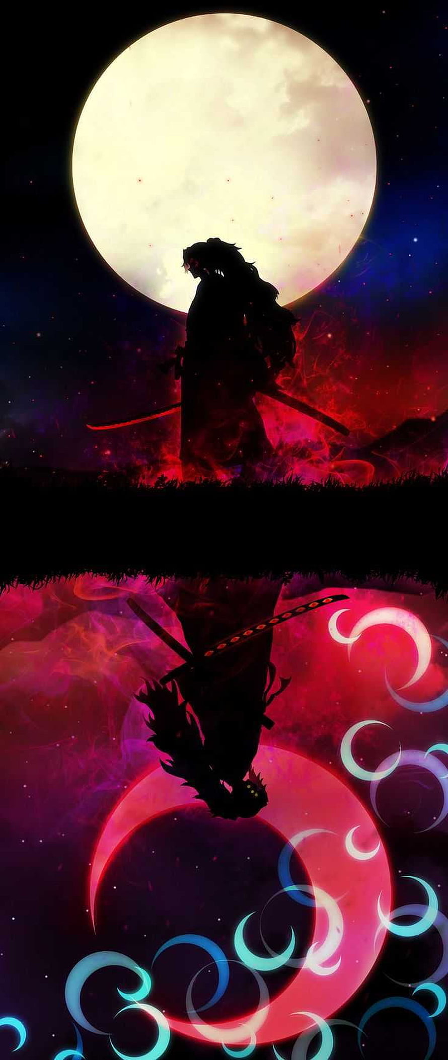 Silhouette of Demon Slayer Character Akaza Under Full Moon With Reflection HD phone wallpaper