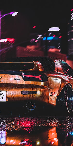 Mazda RX-7 JDM Sports Car Rear View on Wet Night Street with Neon City Lights HD phone wallpaper