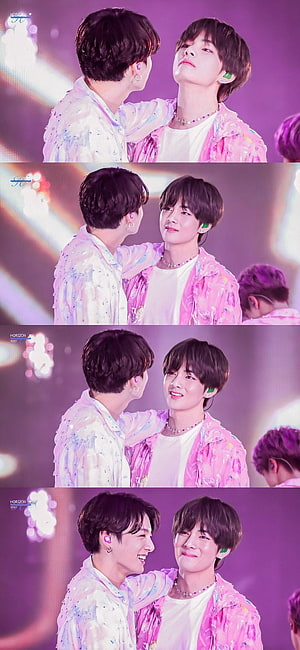 BTS V and Jungkook sharing a warm moment on stage in pastel outfits HD phone wallpaper