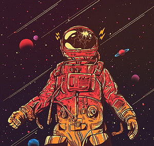 Retro Style Astronaut Floating In Space With Cracked Helmet And Planets HD wallpaper