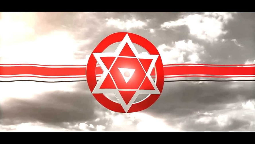 JanaSena Party Flag Emblem With Red Star Symbol Against Dramatic Cloudy Sky HD wallpaper