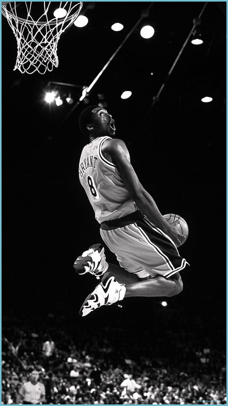 Kobe Bryant in Action: Dynamic Black and White Basketball Dunk HD phone wallpaper