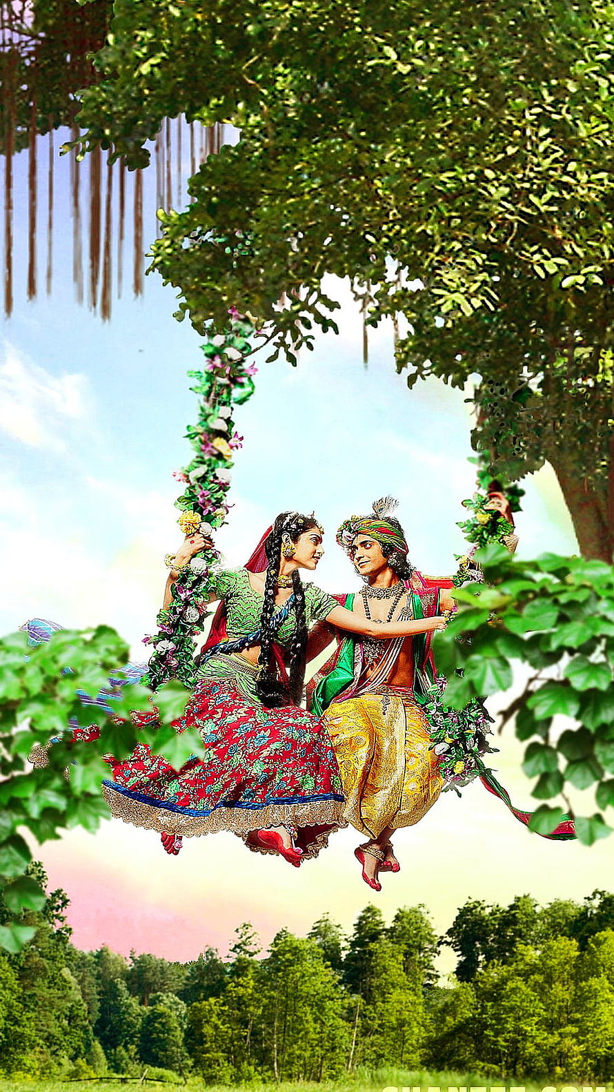 Radha and Krishna Sitting on a Flower-Adorned Swing Under a Tree HD phone wallpaper