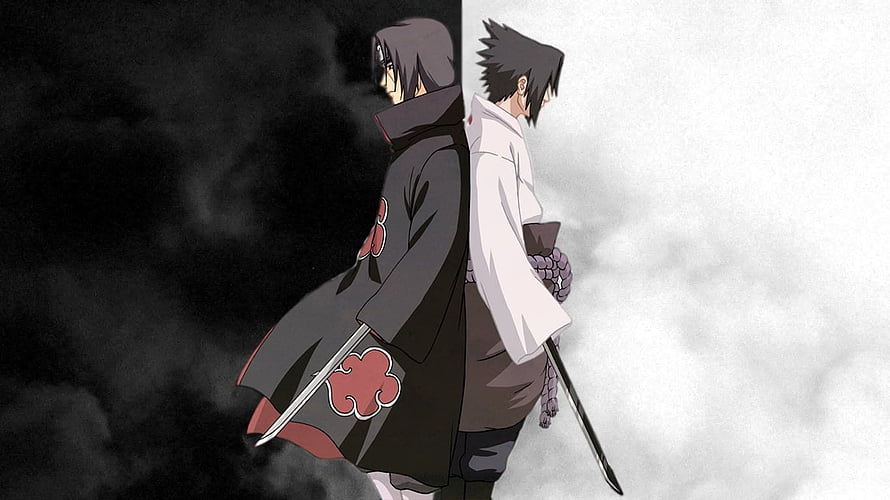 Uchiha Itachi and Uchiha Sasuke Back to Back in Naruto Shippuden Anime Art HD wallpaper