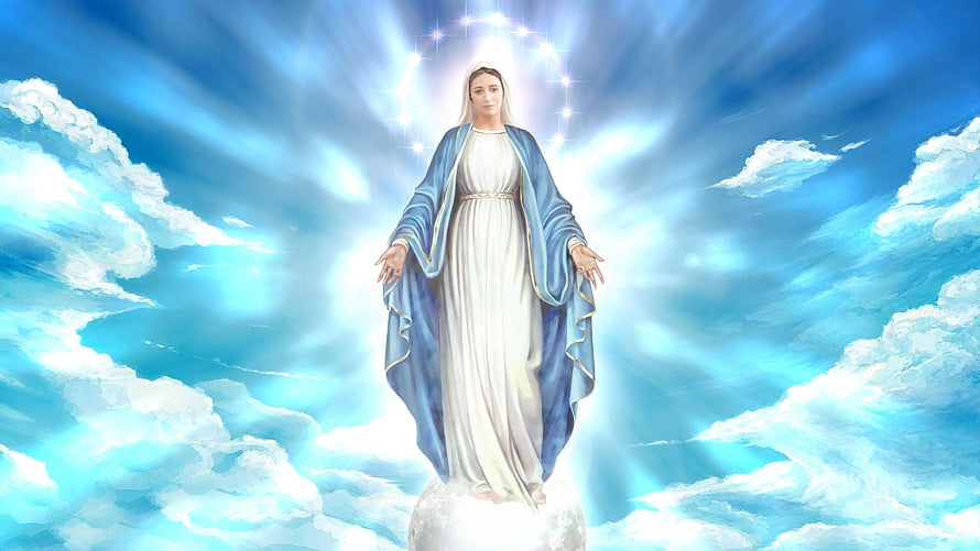 Divine Virgin Mary Standing on Clouds with Blue Mantle and Golden Halo, Mother Mary, Virgin Mary HD wallpaper