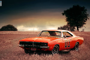 General Lee Dodge Charger in a Golden Field at Sunset HD wallpaper
