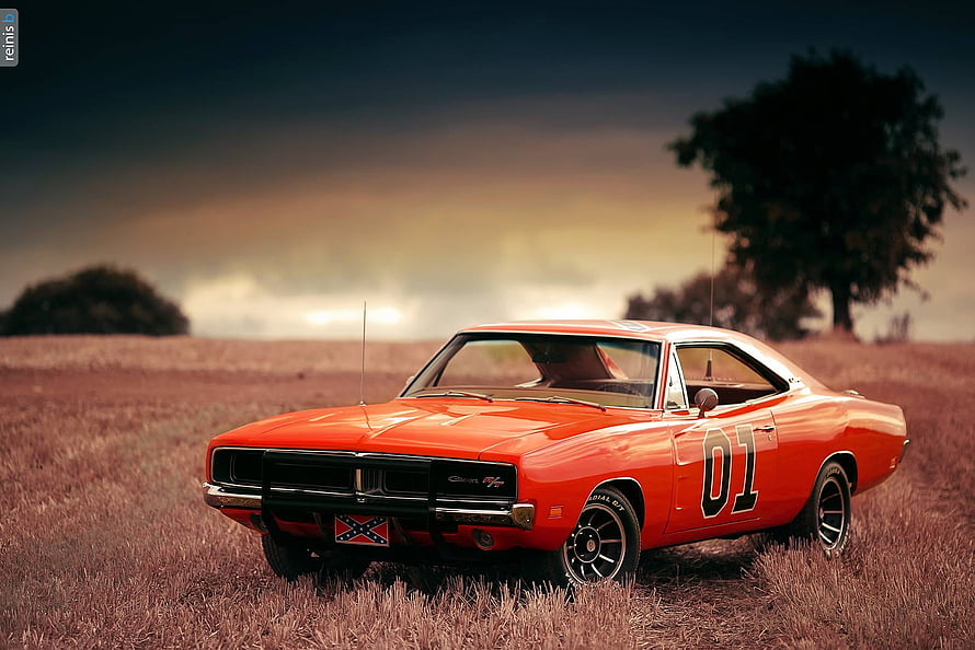 General Lee Dodge Charger in a Golden Field at Sunset HD wallpaper