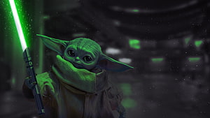 Baby Yoda Wielding a Green Lightsaber in a Dark Sci-Fi Setting HD wallpaper