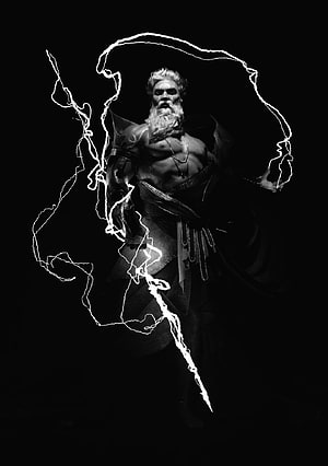 Zeus God of Thunder Wielding Lightning Bolt in Dramatic Black and White Artwork HD phone wallpaper
