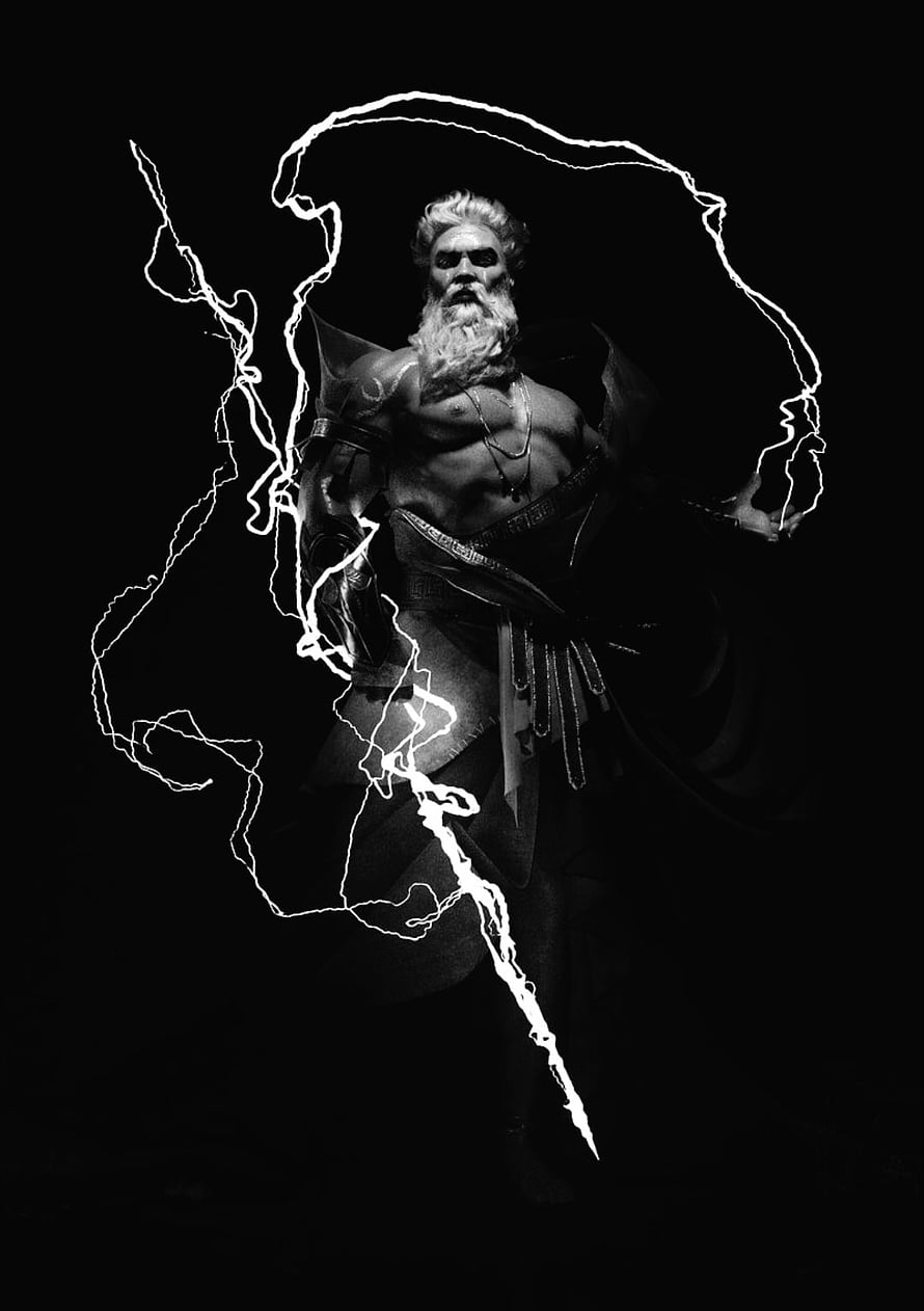 Zeus God of Thunder Wielding Lightning Bolt in Dramatic Black and White Artwork HD phone wallpaper