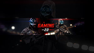 Dark Tactical Gaming Banner with Masked Operatives and Neon Text HD wallpaper