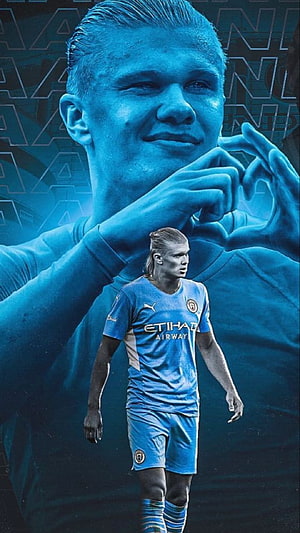 Erling Haaland Manchester City Blue Jersey Football Player Portrait, Haaland, soccer, game, man-city, football, black-and-white, player HD phone wallpaper