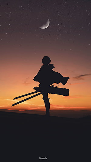 Silhouette of a warrior with a large sword standing on a hill against a sunset sky with a crescent moon HD phone wallpaper