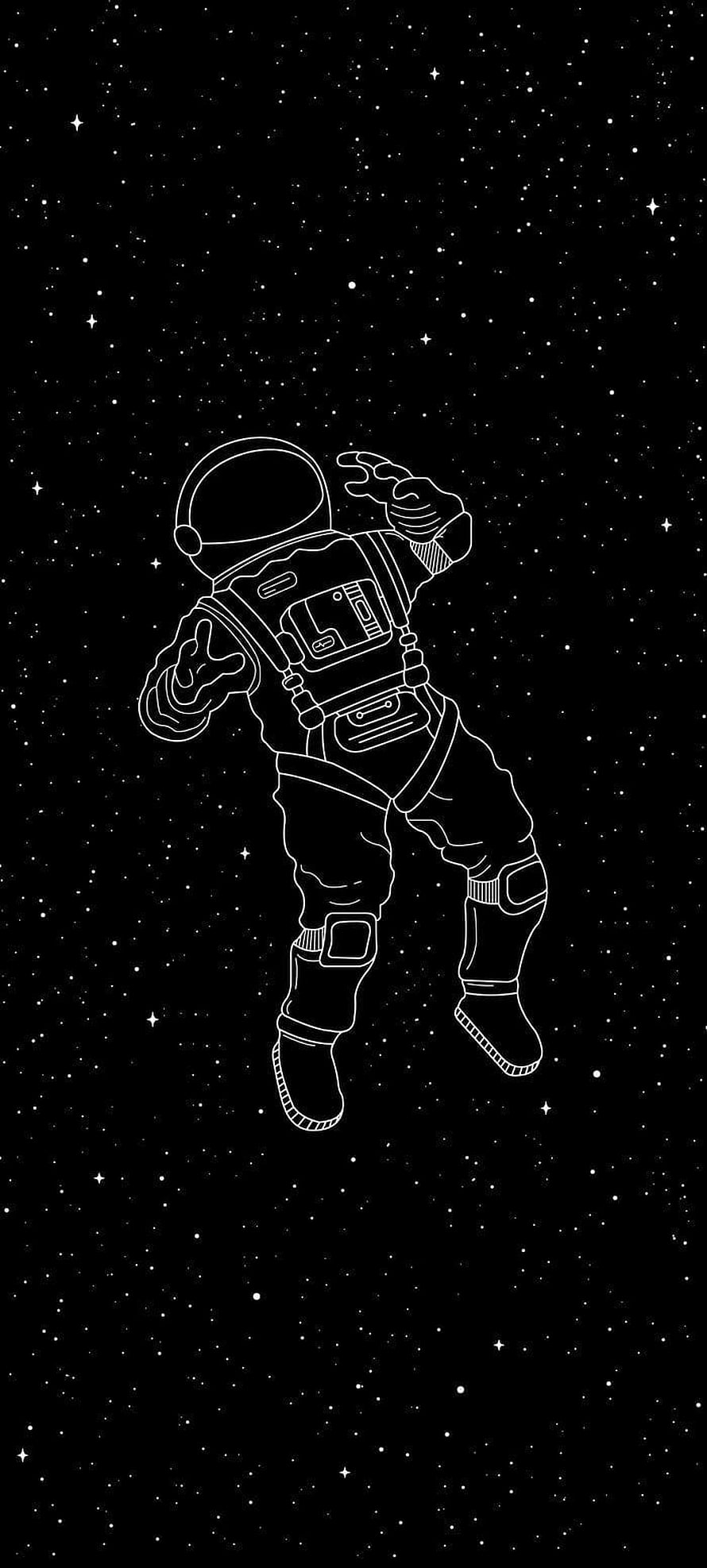 Minimalist white line art of an astronaut floating in a starry black space void HD phone wallpaper