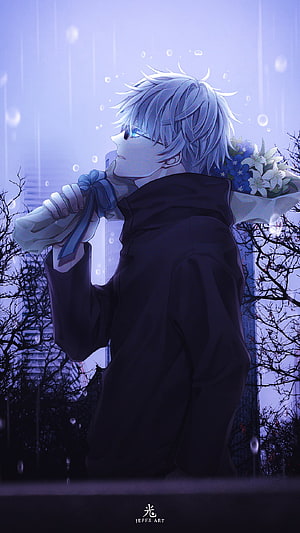 Gojo Satoru from Jujutsu Kaisen holding flowers in the rain with a melancholic city backdrop HD phone wallpaper