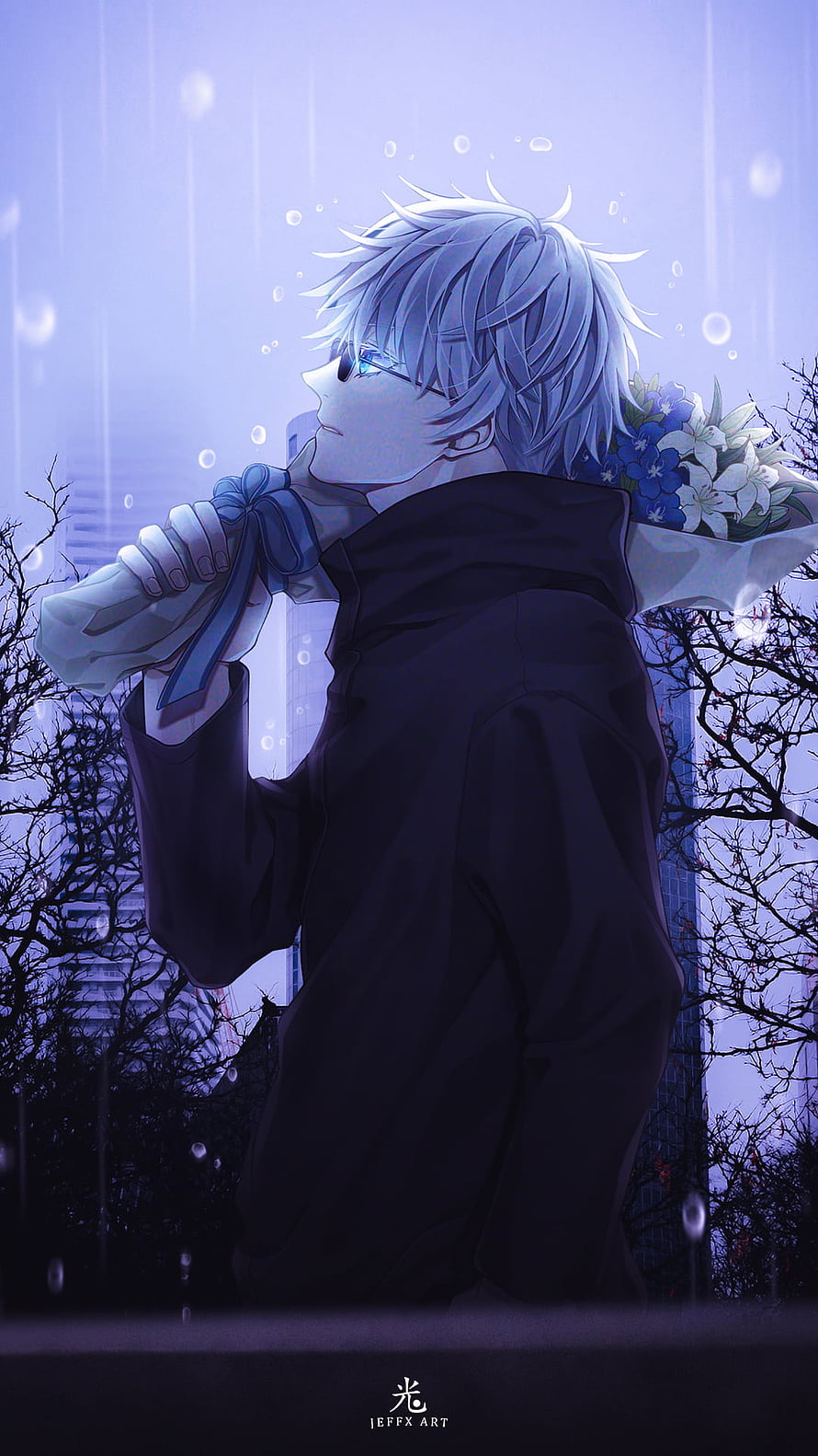 Gojo Satoru from Jujutsu Kaisen holding flowers in the rain with a melancholic city backdrop HD phone wallpaper