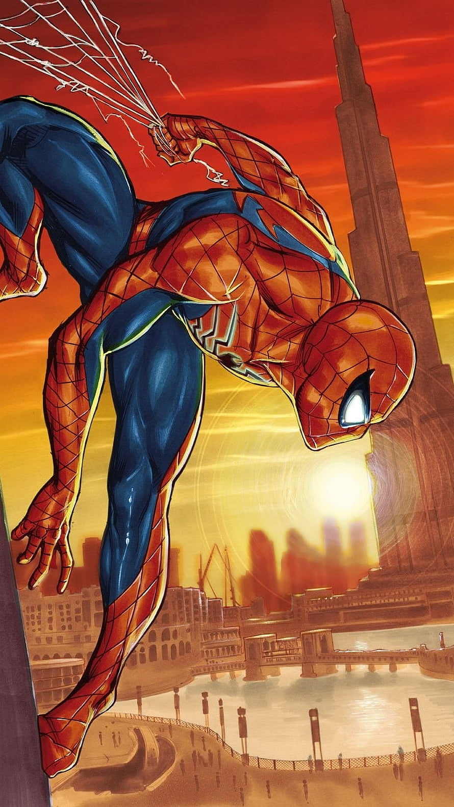 Spider-Man swinging through a sunset cityscape in classic comic book style, Spiderman Comic, Spiderman HD phone wallpaper