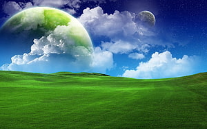 Vast Green Rolling Hills Under a Blue Sky with Two Giant Planets and Fluffy Clouds HD wallpaper