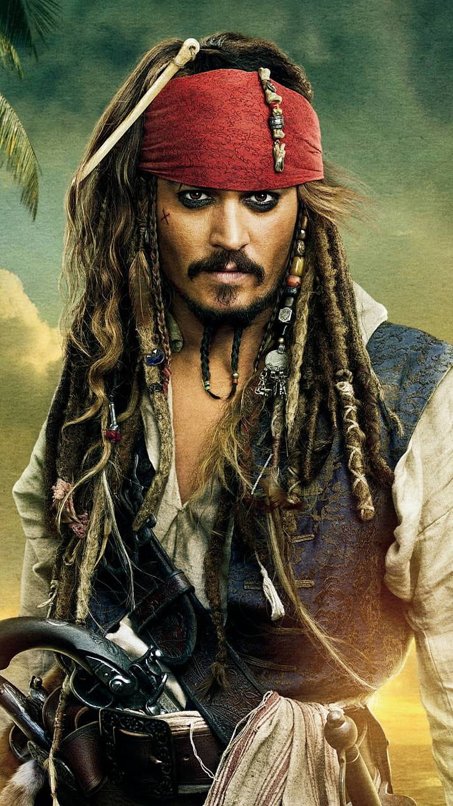 Captain Jack Sparrow from Pirates of the Caribbean wearing a red bandana and holding a flintlock pistol HD phone wallpaper