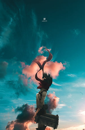 Levi Ackerman from Attack on Titan standing with ODM gear against a dramatic teal and pink cloudy sky, Mikasa Ackerman, cloud, sky HD phone wallpaper