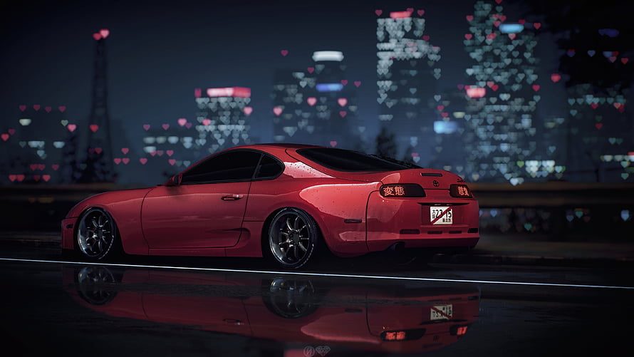 Red Toyota Supra MK4 Night Cityscape with Neon Bokeh and Wet Road Reflection HD wallpaper