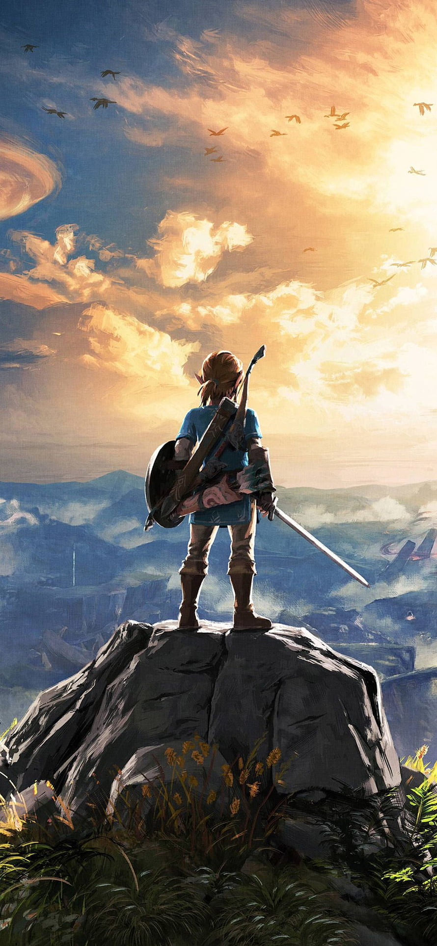 Link from The Legend of Zelda Breath of the Wild Standing on a Cliff at Sunset HD phone wallpaper