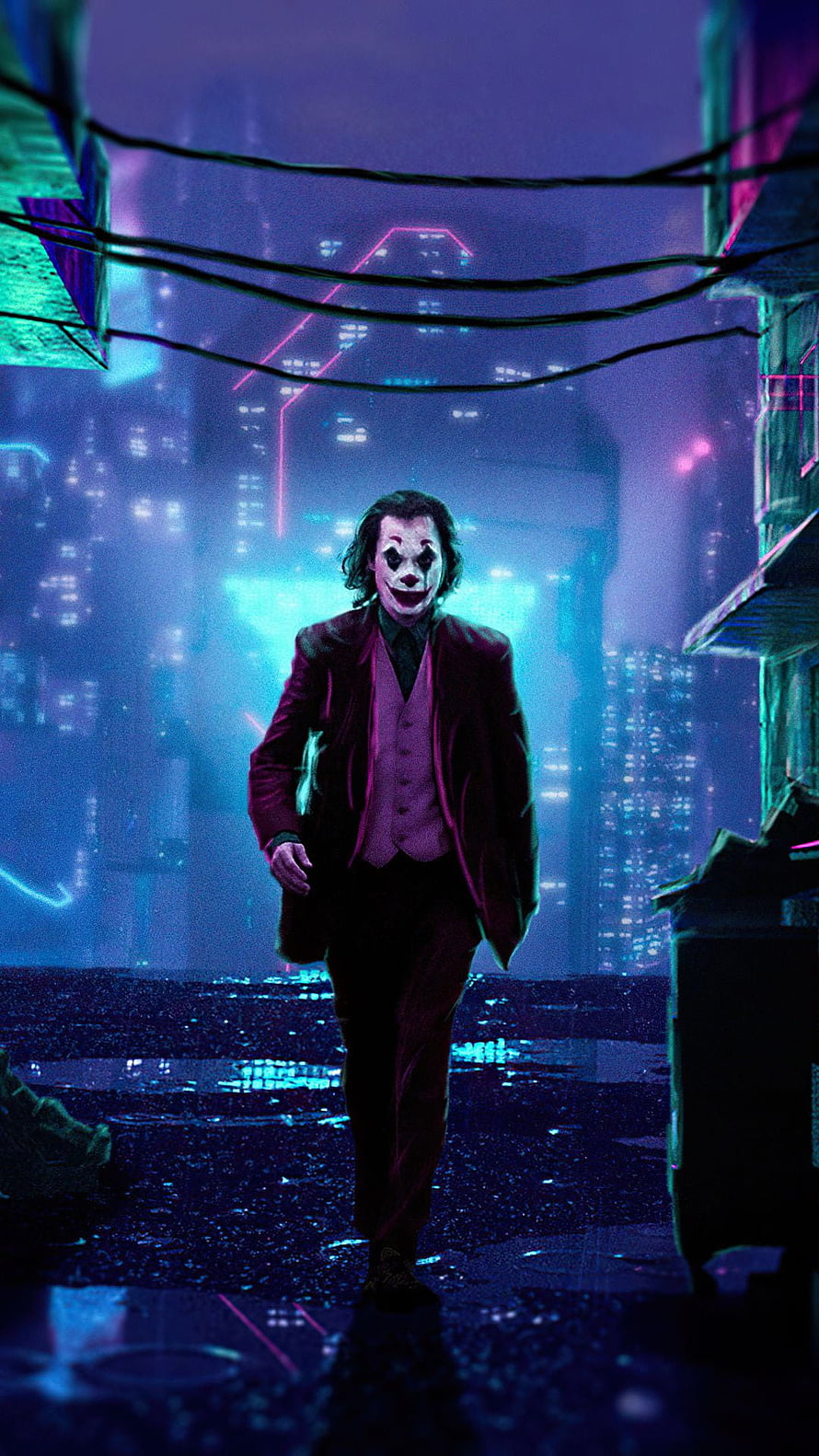 Joker Walking Through Neon Cyberpunk City Street at Night HD phone wallpaper