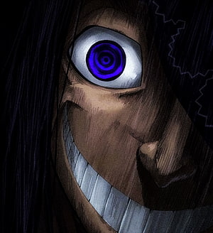 Fire Force Joker Character Close-Up with Glowing Purple Eye and Wide Grin HD phone wallpaper