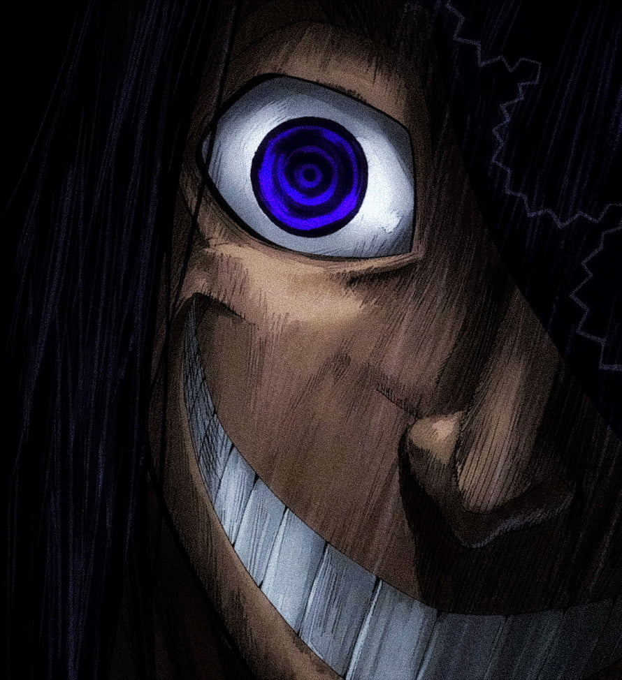 Fire Force Joker Character Close-Up with Glowing Purple Eye and Wide Grin HD phone wallpaper