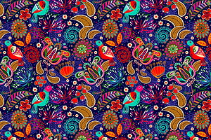 Vibrant Folk Art Pattern With Colorful Birds And Floral Motifs On Dark Blue Background HD wallpaper