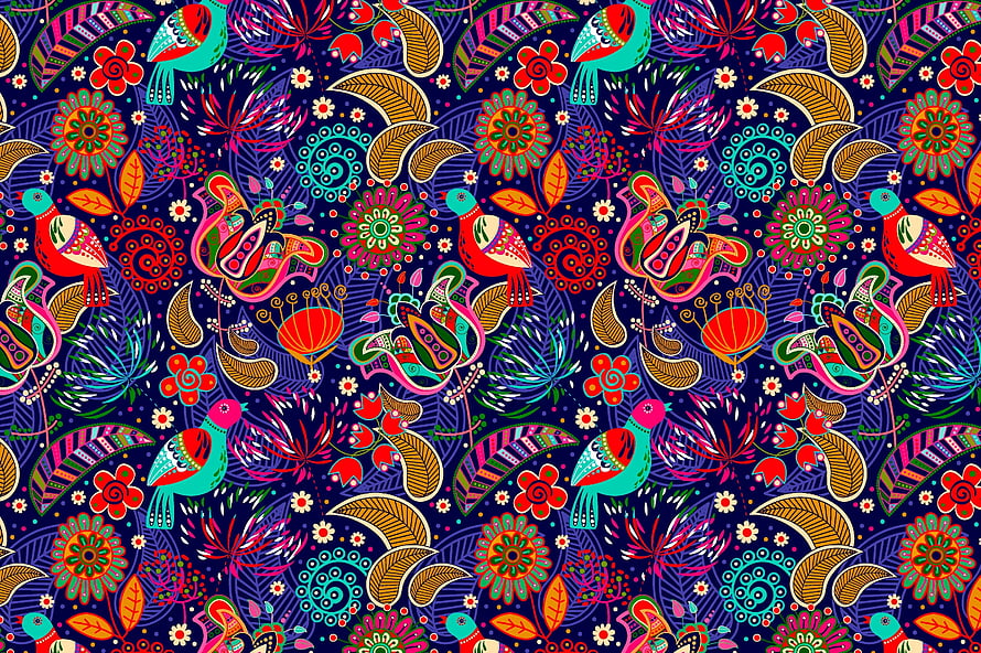 Vibrant Folk Art Pattern With Colorful Birds And Floral Motifs On Dark Blue Background HD wallpaper