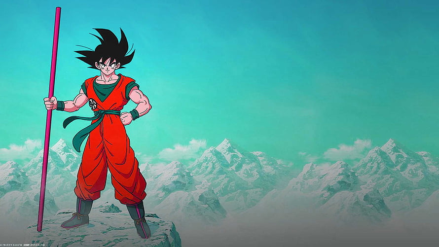 Goku Standing on Rocky Outcrop with Nimbus Staff Against Snowy Mountain Range HD wallpaper