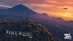 Grand Theft Auto V Vinewood Sign at Sunset with Mountain Vista and Aircraft HD wallpaper