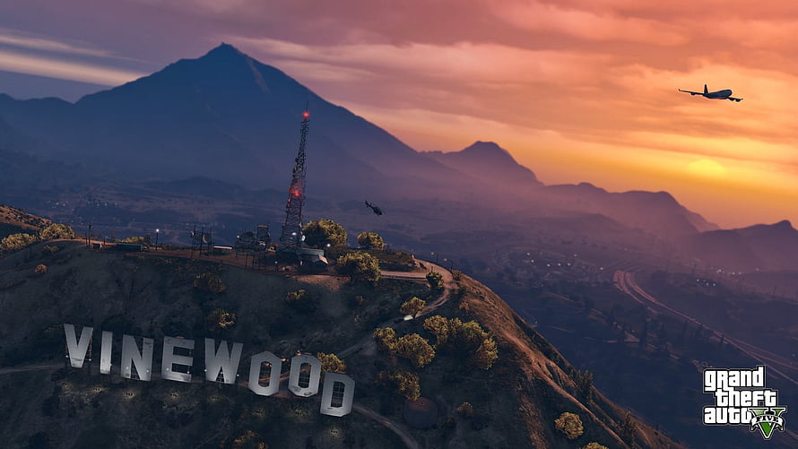 Grand Theft Auto V Vinewood Sign at Sunset with Mountain Vista and Aircraft HD wallpaper