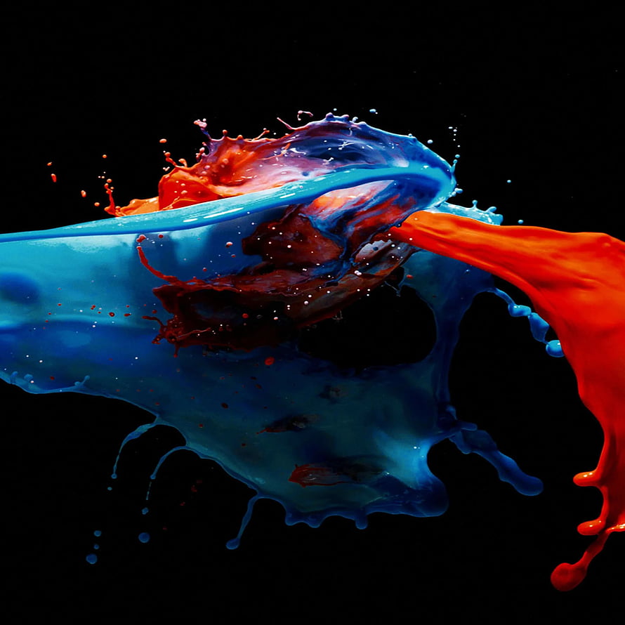 Vibrant Blue and Red Paint Splash Colliding on Black Background HD phone wallpaper