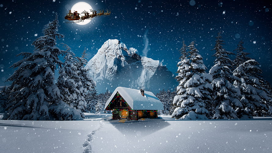 Magical Christmas Night with Santa's Sleigh Flying Over a Snowy Cabin and Mountains HD wallpaper