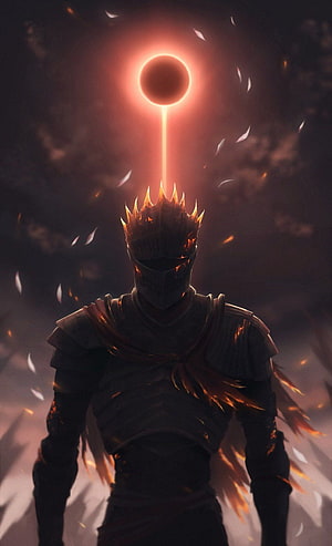 Dark Souls Artwork: Crowned Knight Silhouette Beneath a Glowing Solar Eclipse HD phone wallpaper
